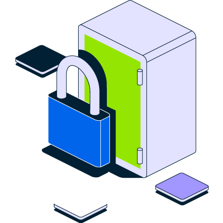 Graphic of a blue padlock in front of a safe with a green door