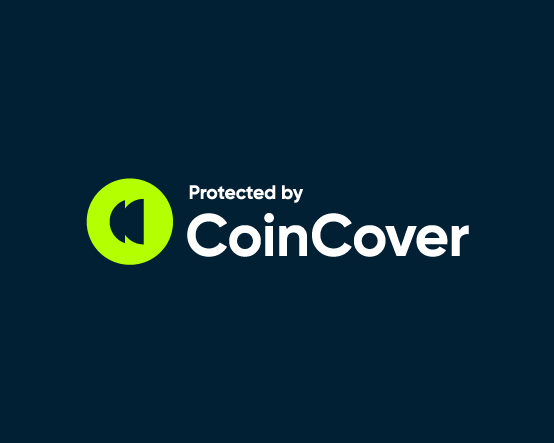 Blue background with green coincover logo and copy that reads protected by Coincover
