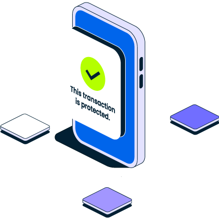 Graphic of a blue phone screen with a green tick and a message that reads 'this transaction is protected.'